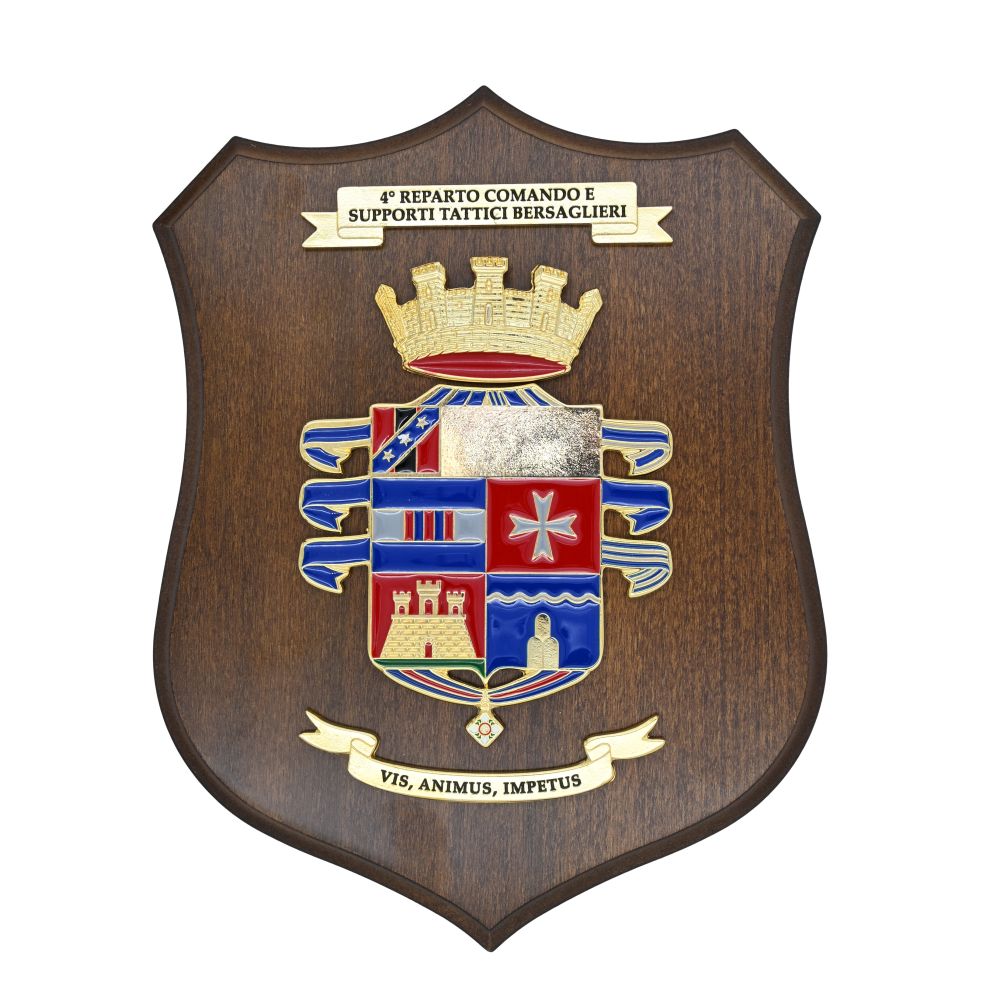 CREST IN METALLO SMALTATO BASE LEGNO 22,5X17,5CM 4 RCST BERSAGLIERI