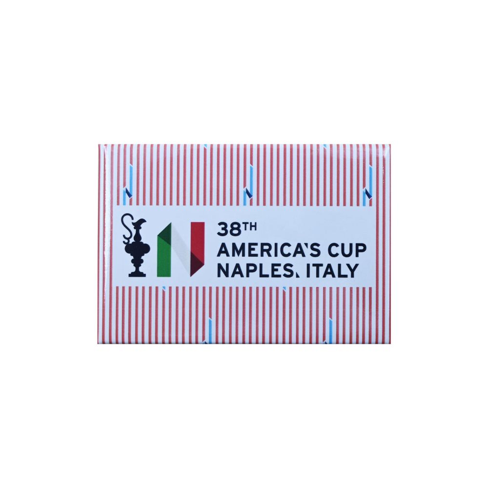 MAGNETE AMERICA'S CUP 38 RETTANGOLARE SFONDO RIGATO ARANCIONE CON COPPA