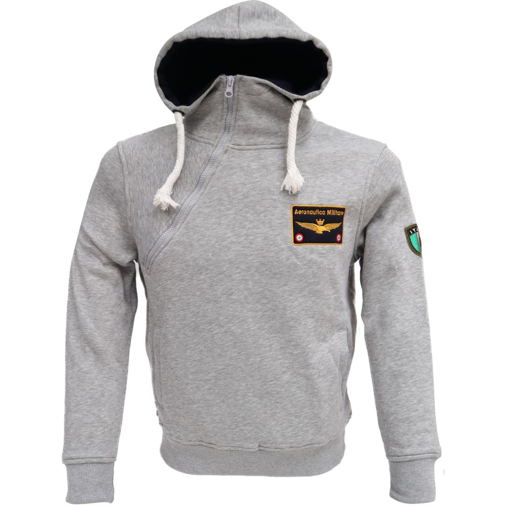 FELPA GRIGIA CON LOGO RICAMATO, CAPPUCCIO, ZIP TRASVERSALE, AERONAUTICA MILITARE