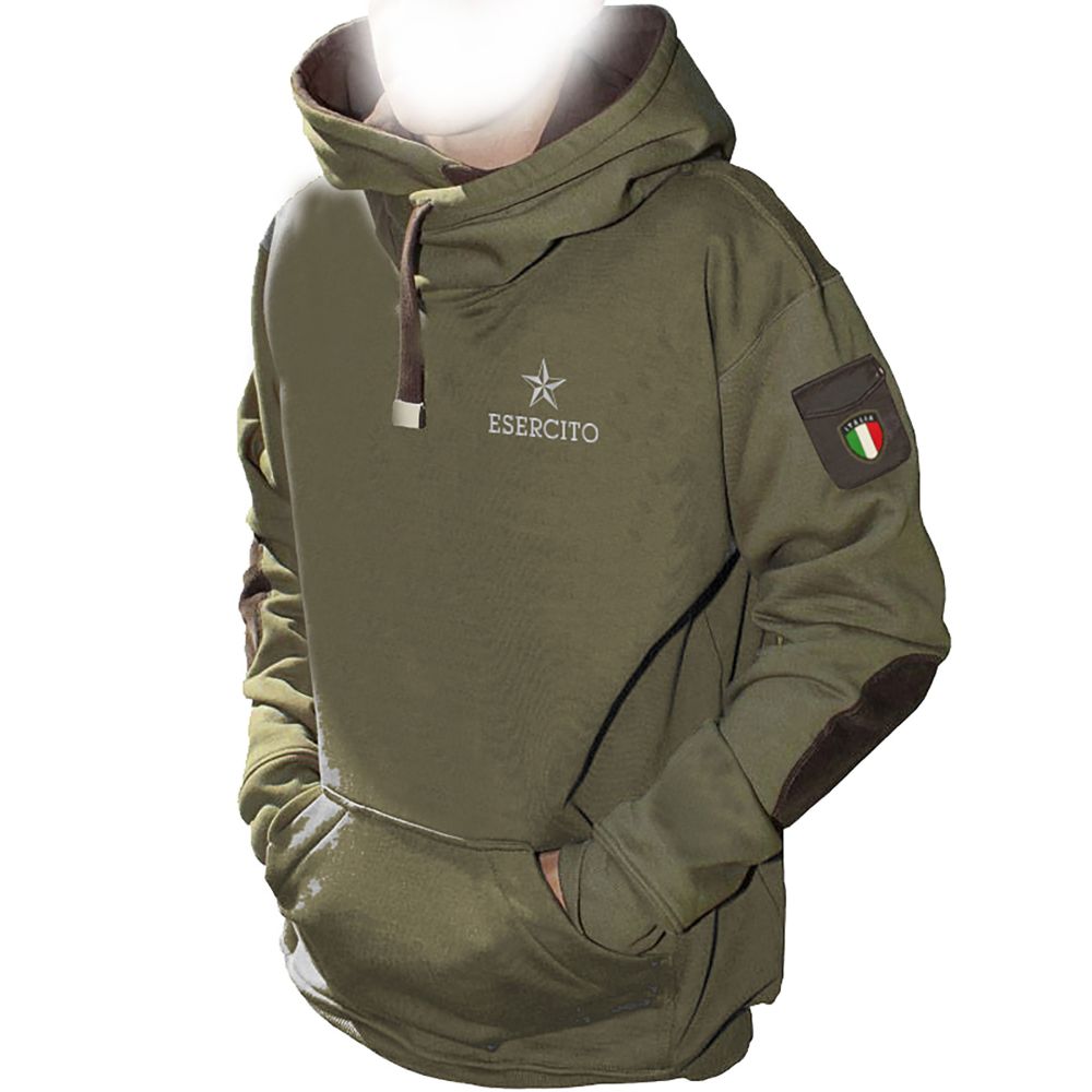 FELPA VERDE CON LOGO RICAMATO, CAPPUCCIO A COLLO ALTO, TASCONE ESERCITO ITALIANO