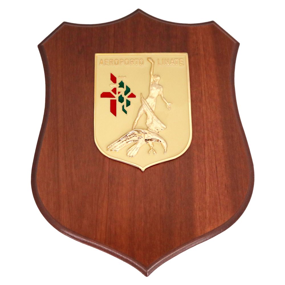 CREST IN METALLO SMALTATO BASE LEGNO 22,5X17,5CM AEROPORTO LINATE