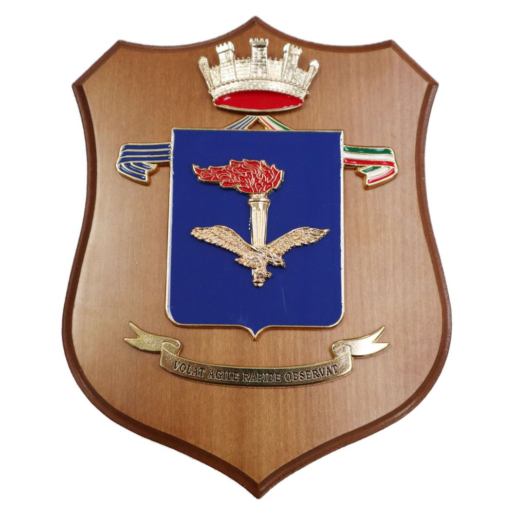 CREST IN METALLO SMALTATO BASE LEGNO 22,5X17,5CM AVIAZIONE ESERCITO