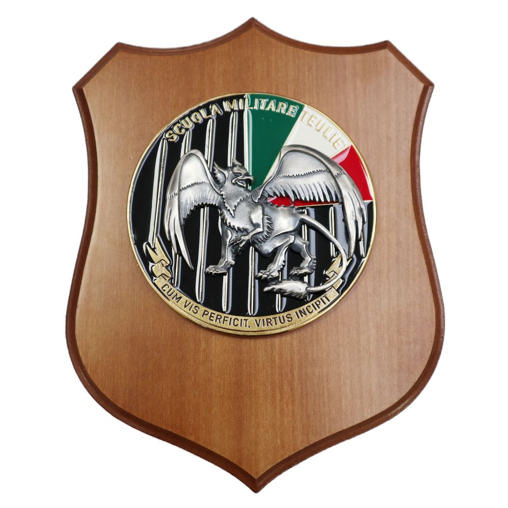 CREST IN METALLO SMALTATO BASE LEGNO 22,5X17,5CM SCUOLA MILITARE TEULIE'