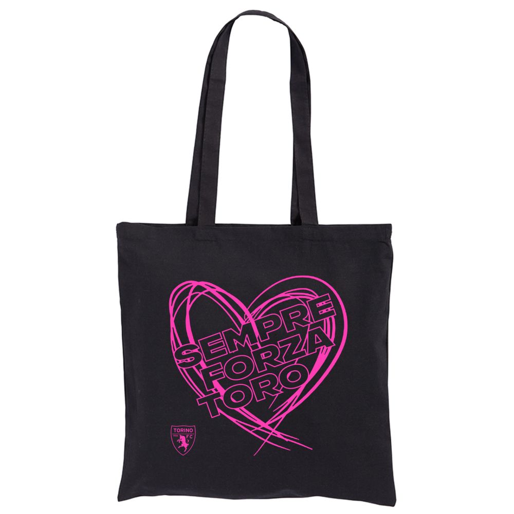 SHOPPER IN COTONE NERA CON CUORE E SCRITTA FLUO