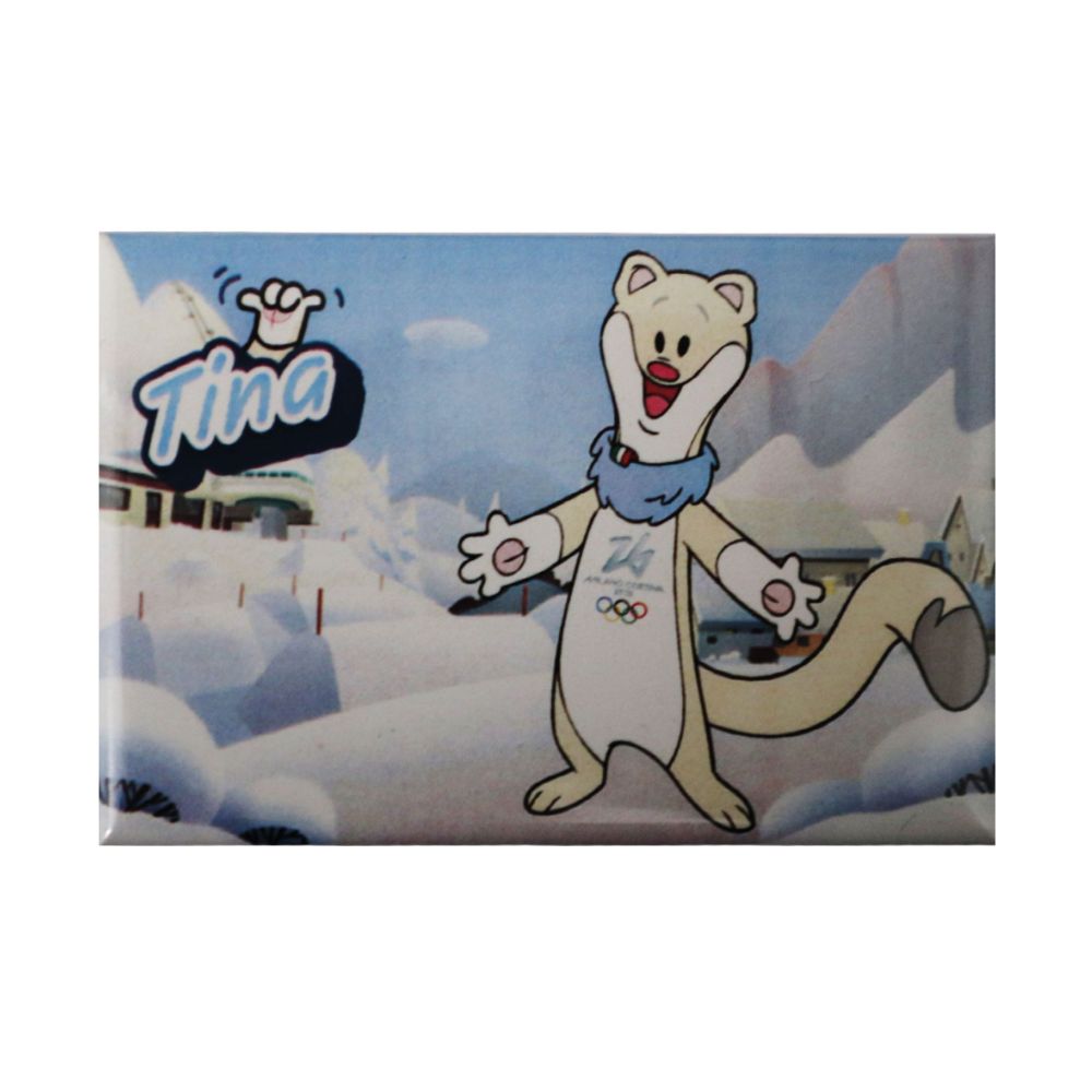 MAGNETE STAMPATO 78X53 MM OLYMPIC MASCOT TINA COLORATO FONDO NEVE