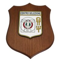 CREST IN METALLO SMALTATO BASE LEGNO 22,5X17,5CM CENTRO SELEZIONE