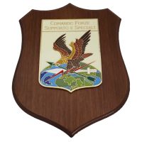 CREST IN METALLO SMALTATO BASE LEGNO 22,5X17,5CM COMANDO FORZE SUPPORTO E SPECIALI AERONAUTICA MILITARE