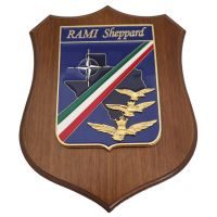 CREST IN METALO SMALTATO BASE LEGNO 22,5X17,5CM RAMI SHEPPARD AERONAUTICA MILITARE