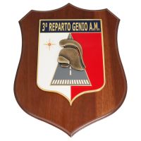 CREST IN METALLO SMALTATO BASE LEGNO 22,5X17,5CM 3 REPARTO GENIO AERONAUTICA MILITARE