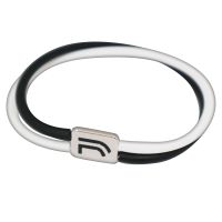 BRACCIALE IN SILICONE DOPPIO FILO INCROCIATO BIANCO E NERO PIASTRINA LOG
