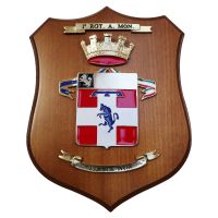 CREST IN METALLO SMALTATO BASE LEGNO 22,5X17,5CM 1 RGT ARTIGLIERIA MONTAGNA ESERCITO ITALIANO