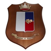 CREST IN METALLO SMALTATO BASE LEGNO 22,5X17,5CM REP SUPPORTI TATTICI ARIETE ESERCITO ITALIANO