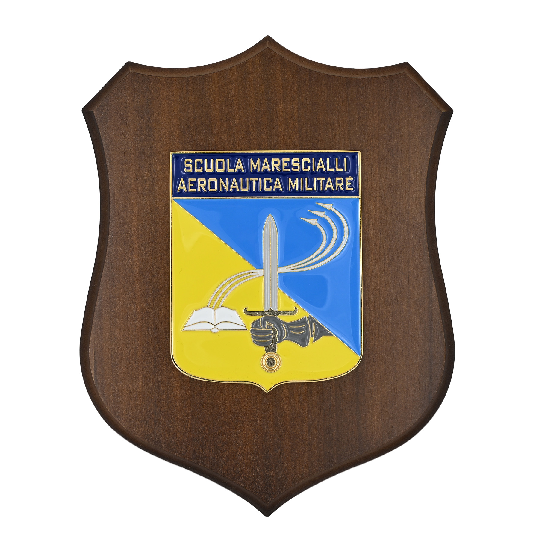 CREST IN METALLO SMALTATO BASE LEGNO 22,5X17,5CM SCUOLA MARESCIALLI AM