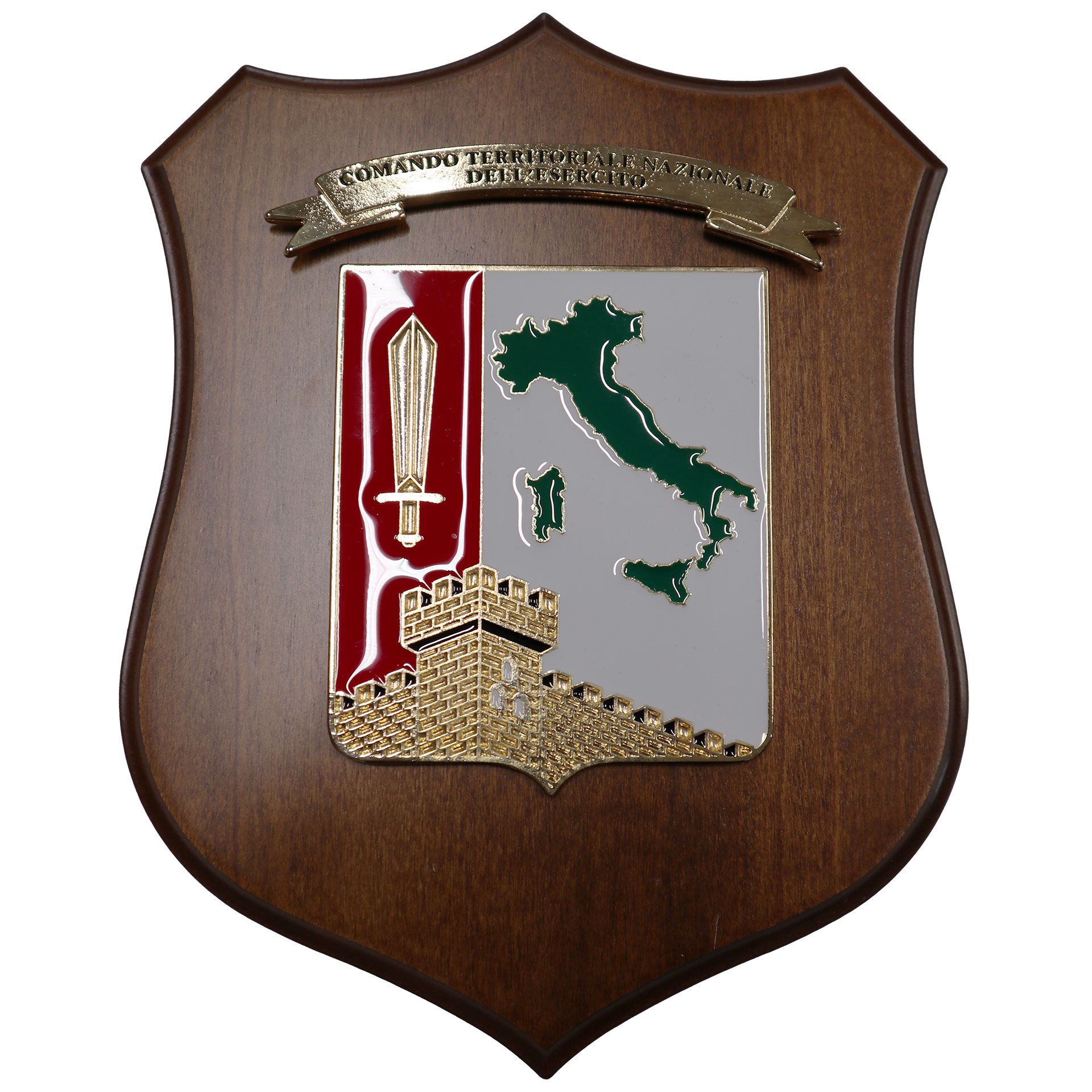 CREST IN METALLO SMALTATO BASE LEGNO 22,5X17,5CM COMAN.TERR.NAZ.ESERCITO
