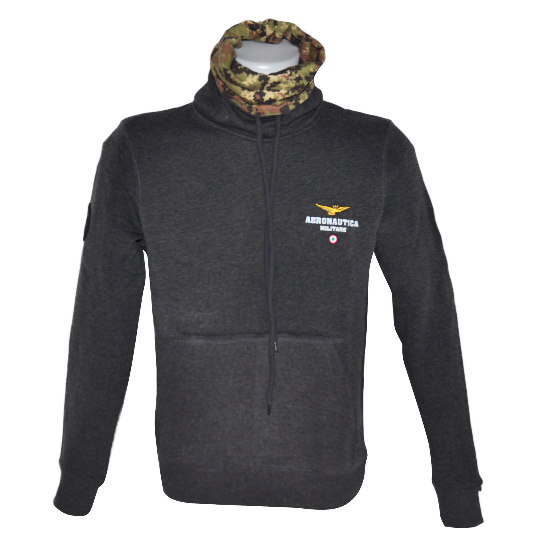 FELPA GRIGIO SCURO CON LOGO RICAMATO, TASCONE FRONTALE E COLLO LUPETTO, AERONAUTICA MILITARE