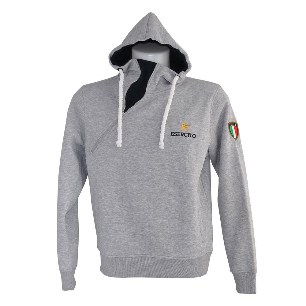 FELPA GRIGIA CON LOGO RICAMATO, CAPPUCCIO, ZIP TRASVERSALE ESERCITO ITALIANO